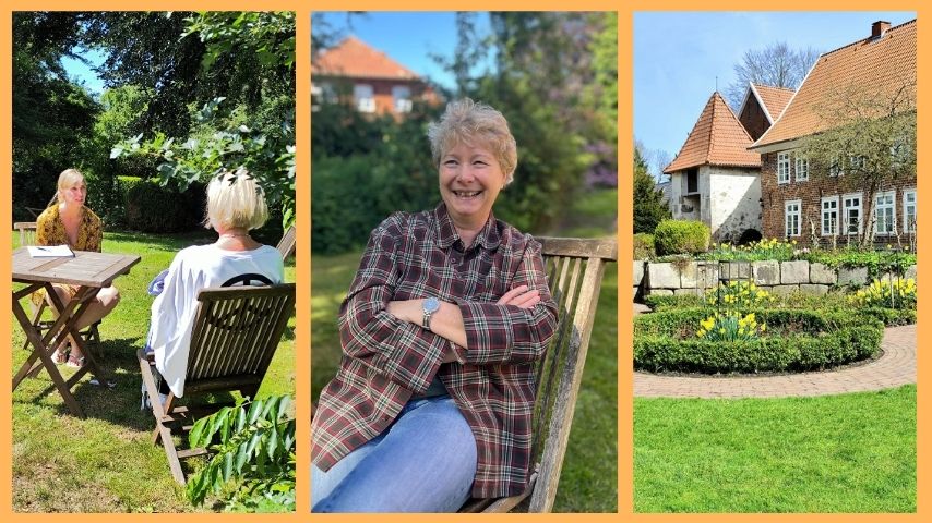 Susanne Ehmann und Teilnehmende der Ausbildung im Klostergarten des Klosters in Neuenwalde 